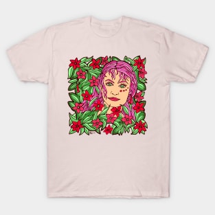 Pink Flower Girl and Green Leaves T-Shirt